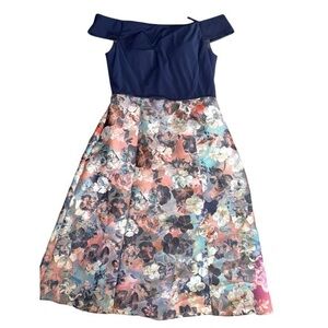 ▶️ Adrianna Papell ◀️ Off Shoulder Floral Midi Dress with Pockets. Size 6